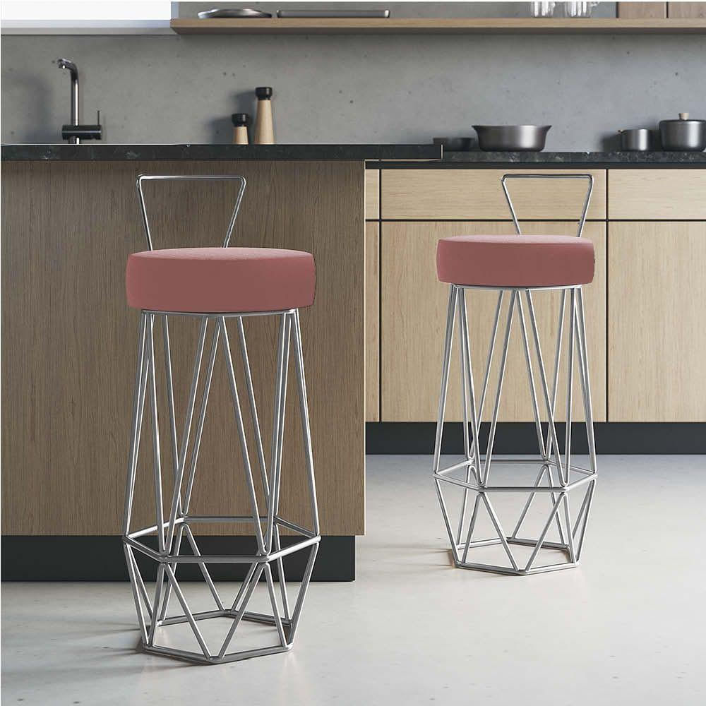 Miniatura Banqueta Com Encosto Botty Hexágono Cozinha Bar Ferro Cinza Suede Rose Gold - Amey Decor