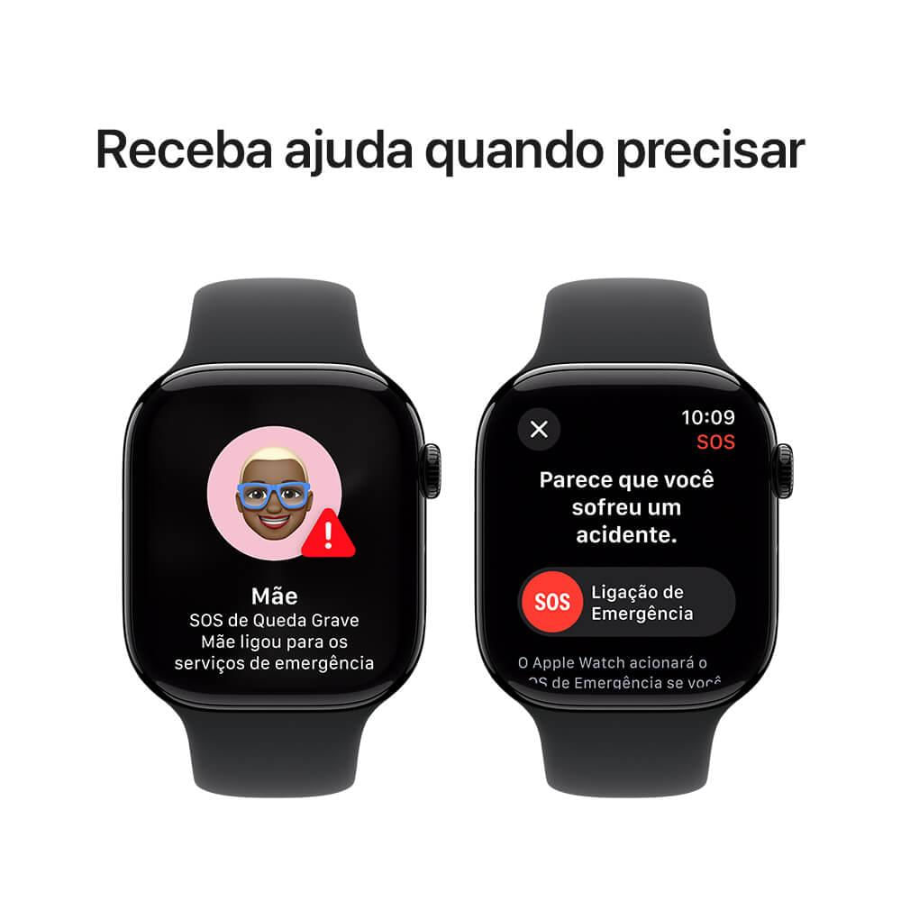 Miniatura Apple Watch Series 10 GPS • Caixa preta brilhante de alumínio – 46 mm • Pulseira esportiva preta – P/M