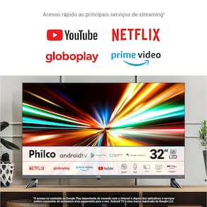 Smart TV LED 32" Philco HD P32SAA Google TV, HDR10 e Processador Quad-Core, HDMI, USB e Wi-Fi