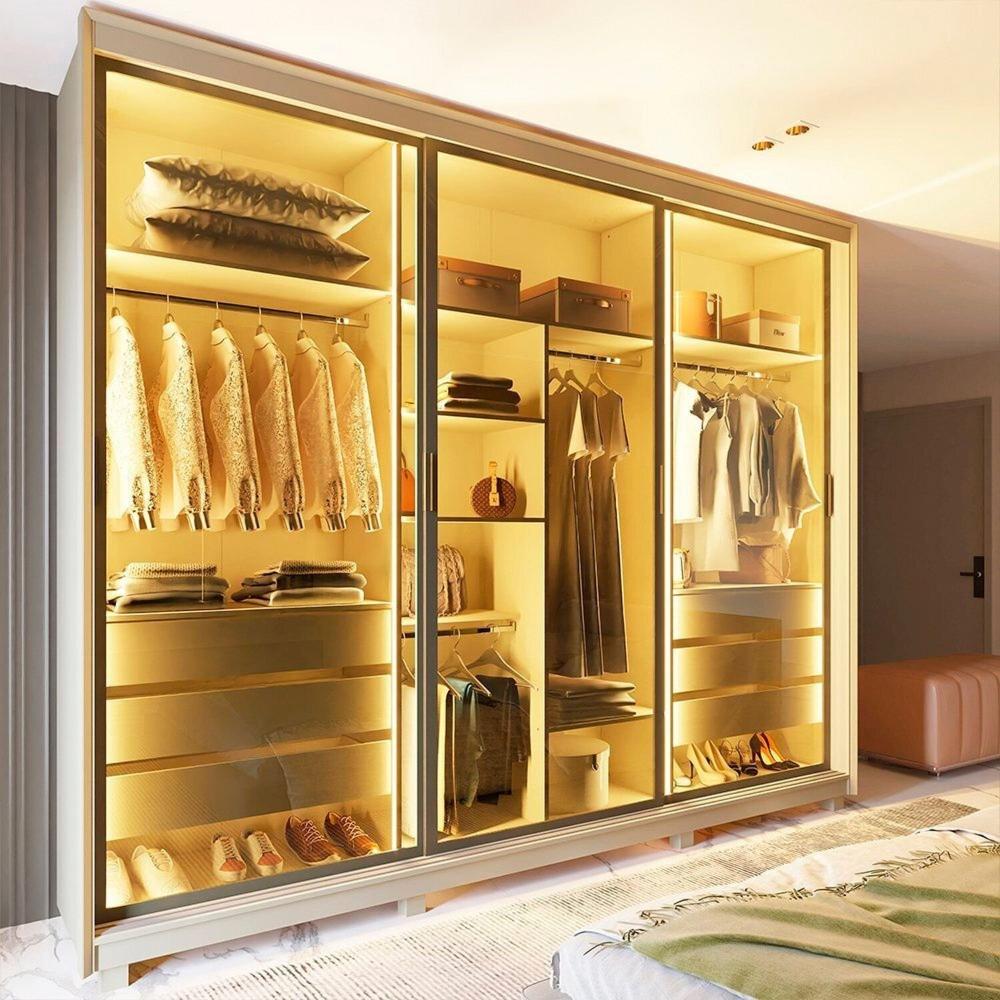 Guarda-roupa Casal 3 Portas Reflecta com Pés e Led 100% Mdf Platinum Off White
