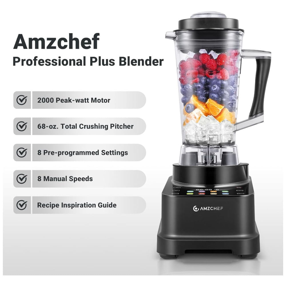 Miniatura Liquidificador Profissional 8 em 1, 2L com Painel LED, Temporizador, 8 Velocidades e Pulso, 110V 2000W, Amzchef, Preto