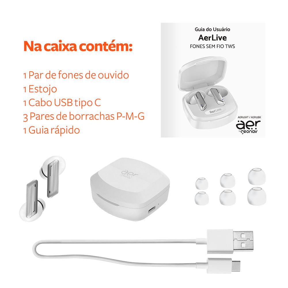 Miniatura Fone de Ouvido sem Fio Geonav TWS AerLive Intra-auricular com Bluetooth Branco e Cinza - AER12
