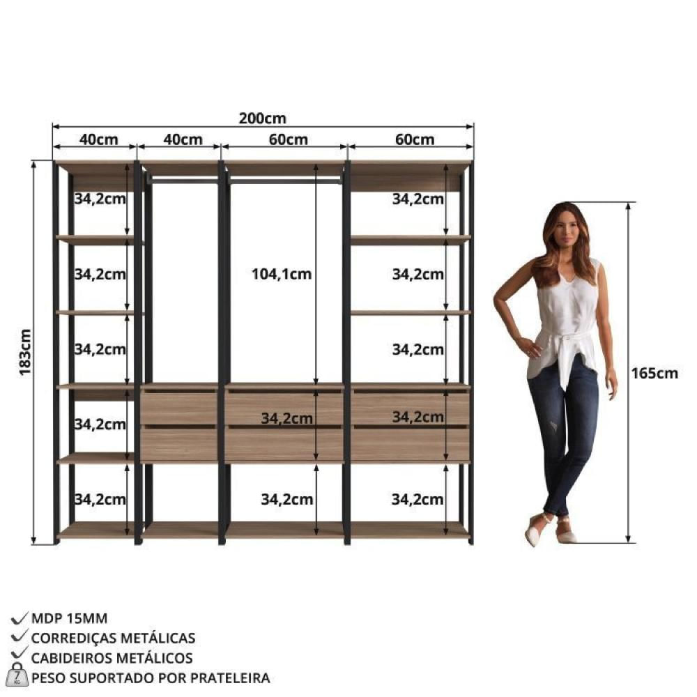 Miniatura Guarda Roupa Closet 4 Peças com 2 Cabideiros 6 Gavetas e 11 Nichos Easy Preto/Montana