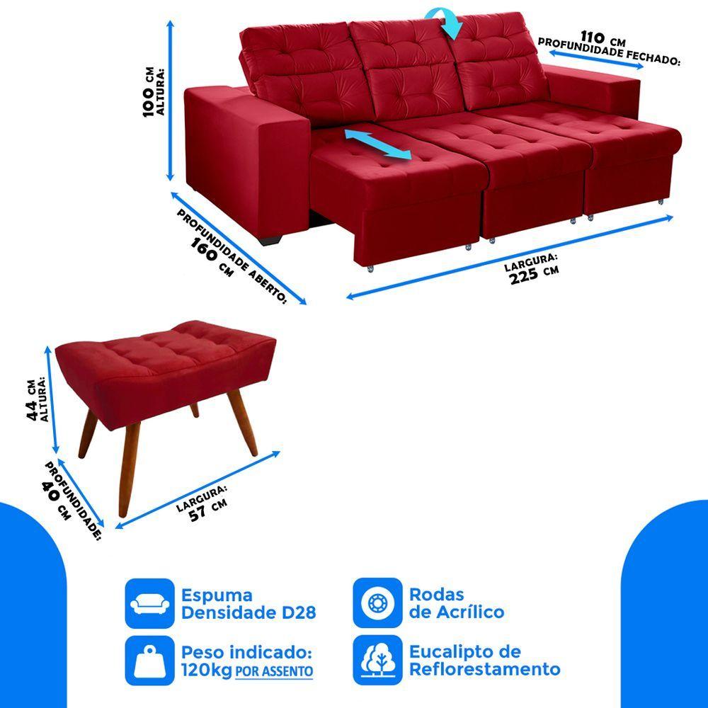 Miniatura Sofá 4 Lugares 2,25m Retrátil +2 Puffs Pés Palito Vermelho
