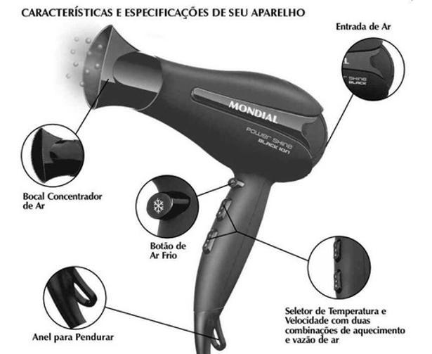 Miniatura Secador Cabelos Mondial Power Shine Black Sc-13 2000W Preto
