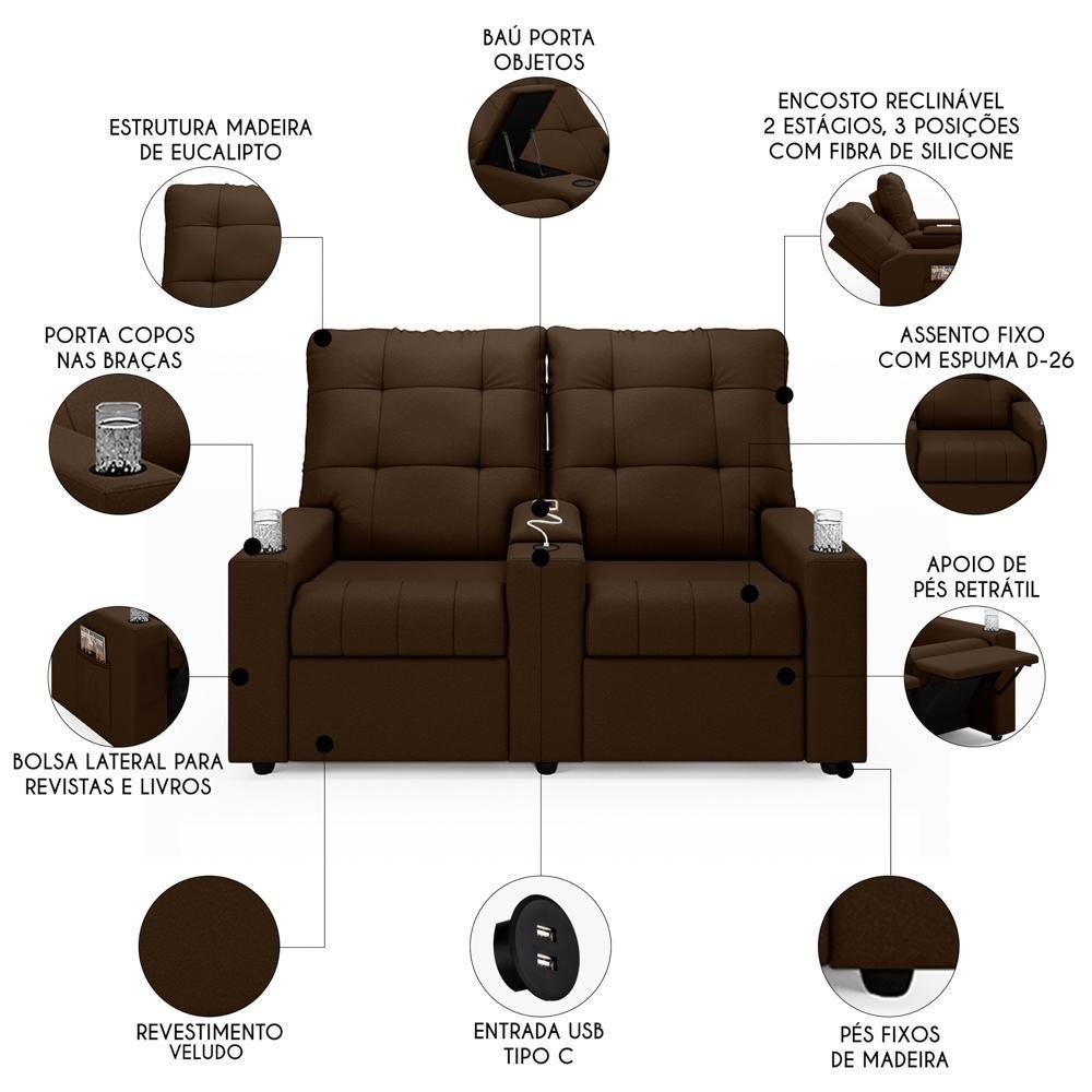 Miniatura Poltrona De Cinema Reclinável 2 Lugares Baú Usb Mallie Fh9 Veludo Marrom - Mpozenato
