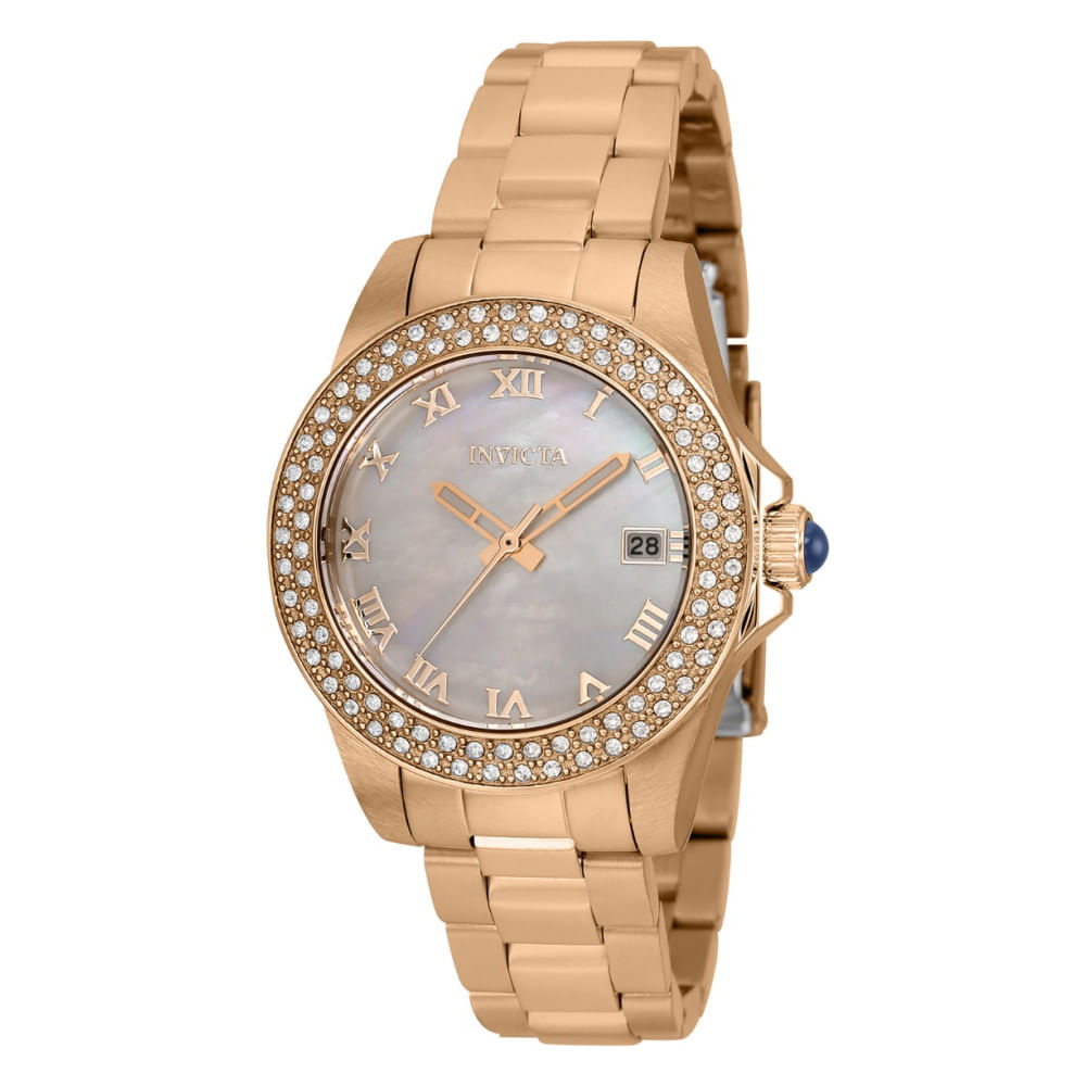 Miniatura Relgio feminino Invicta Anjo com madreprola e ouro rosa - 34 mm. Elegncia e sofisticao em um acessrio de qualidade.