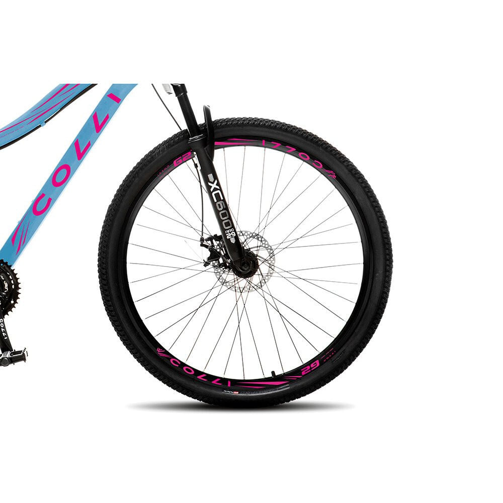 Miniatura Bicicleta Colli Eudora Aro 29 Freio a Disco Quadro 15,5 Azul Champanhe com Rosa Neon