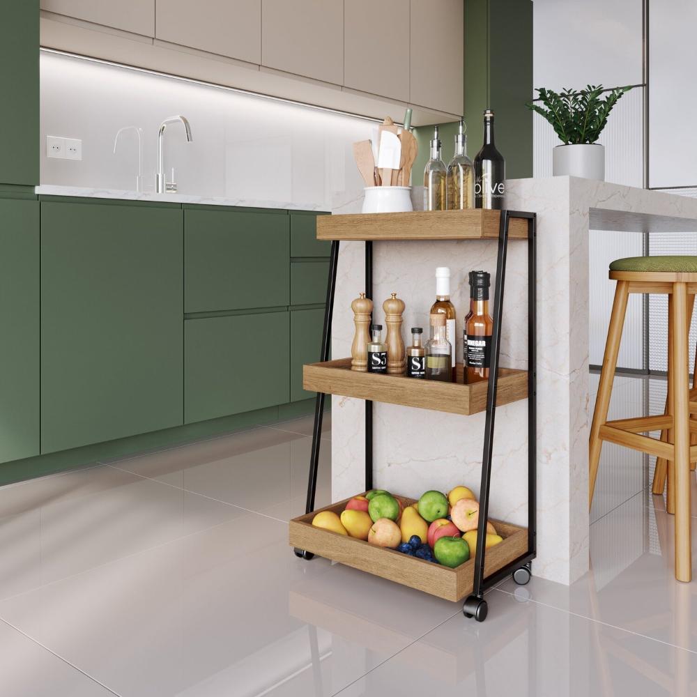 Miniatura Carinho Organizador Multiuso com 3 Prateleiras e Rodizios Preto/Mel