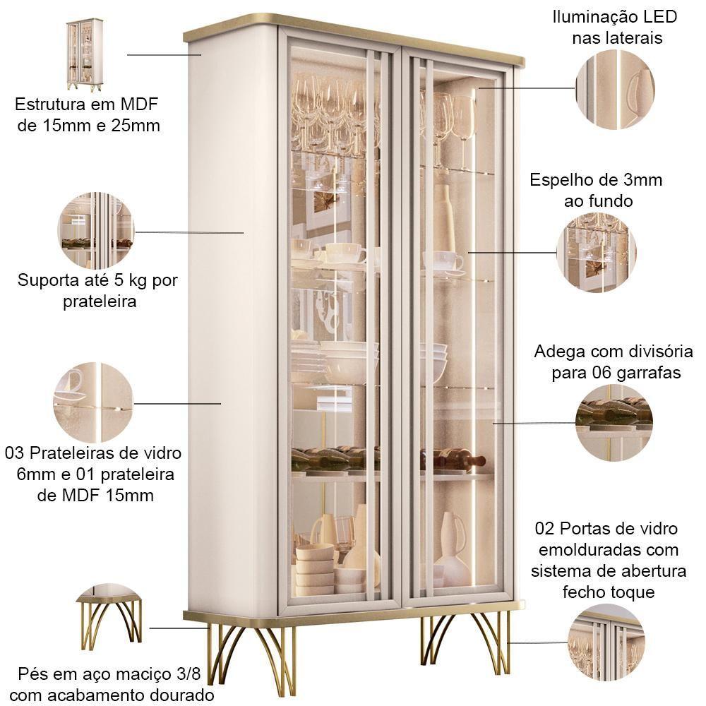 Kit Aparador Buffet Bar Living Santiago Com Cristaleira Adega Síria B01 Off White Champagne - Lyam Decor