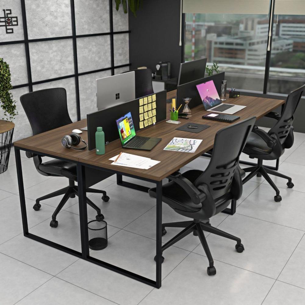 Miniatura Estação de Trabalho Mesa Plataforma Industrial 4 Lugares Office Nogal / Preto