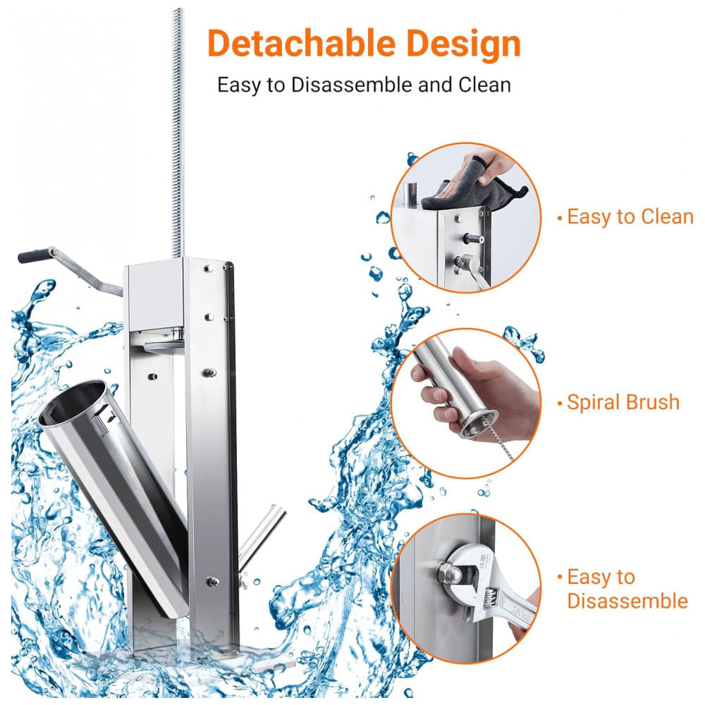 Máquina de Embutir Linguiça 15LBS7L Manual, Enchedora de Carne com Dupla Velocidade em Aço Inoxidável, 5 Tubos de Enchimento, ExploreHorizon