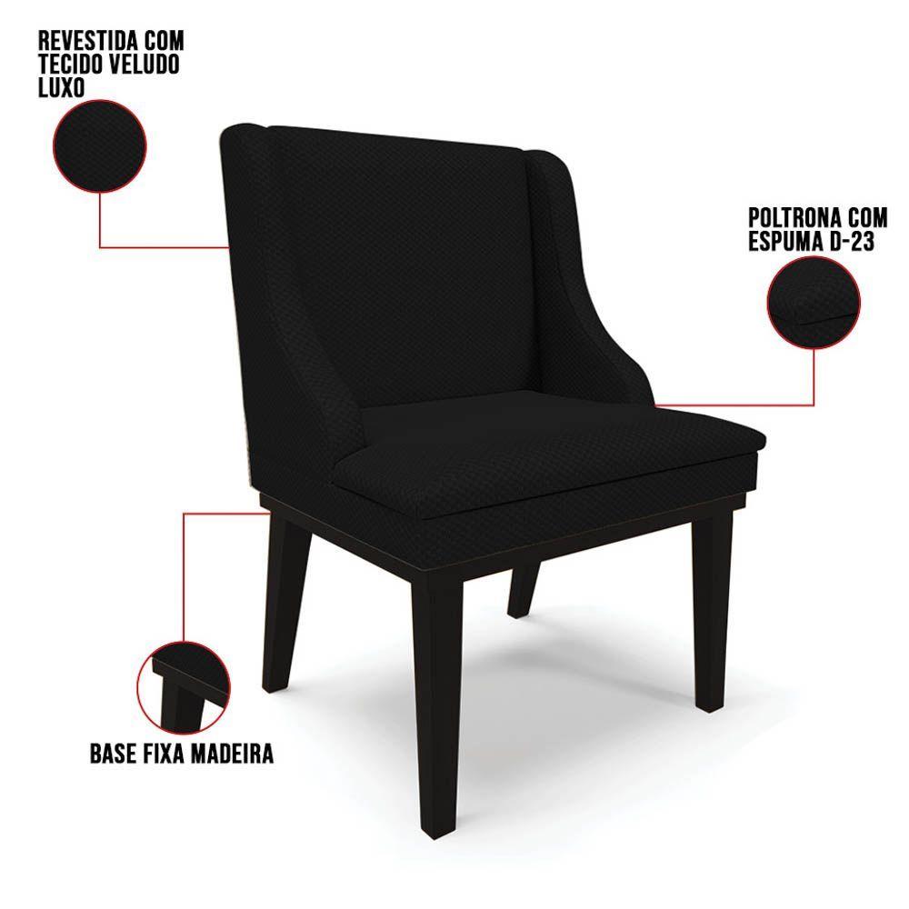 Kit 2 Cadeiras Estofadas Para Sala De Jantar Base Fixa De Madeira Preto Lia Veludo Luxo Preto