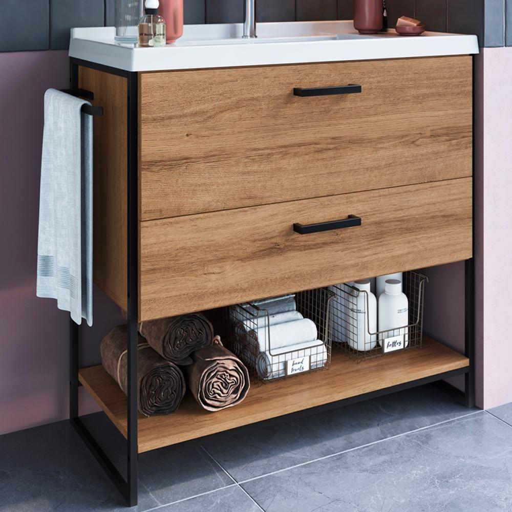 Gabinete Banheiro 80 Cm Com Lavatorio Marmorite Preto Mell P1008 Pp Preto Mell