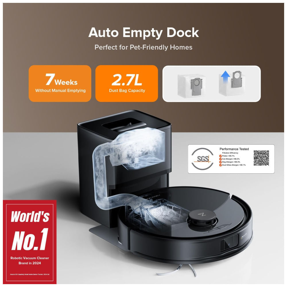Miniatura Aspirador Robô Roborock Q10 X5, com Esfregão Automático, Autovazio, Limpeza sem Mãos por até 7 Semanas, Sucção de 10.000Pa, Navegação LiDAR, Zonas de