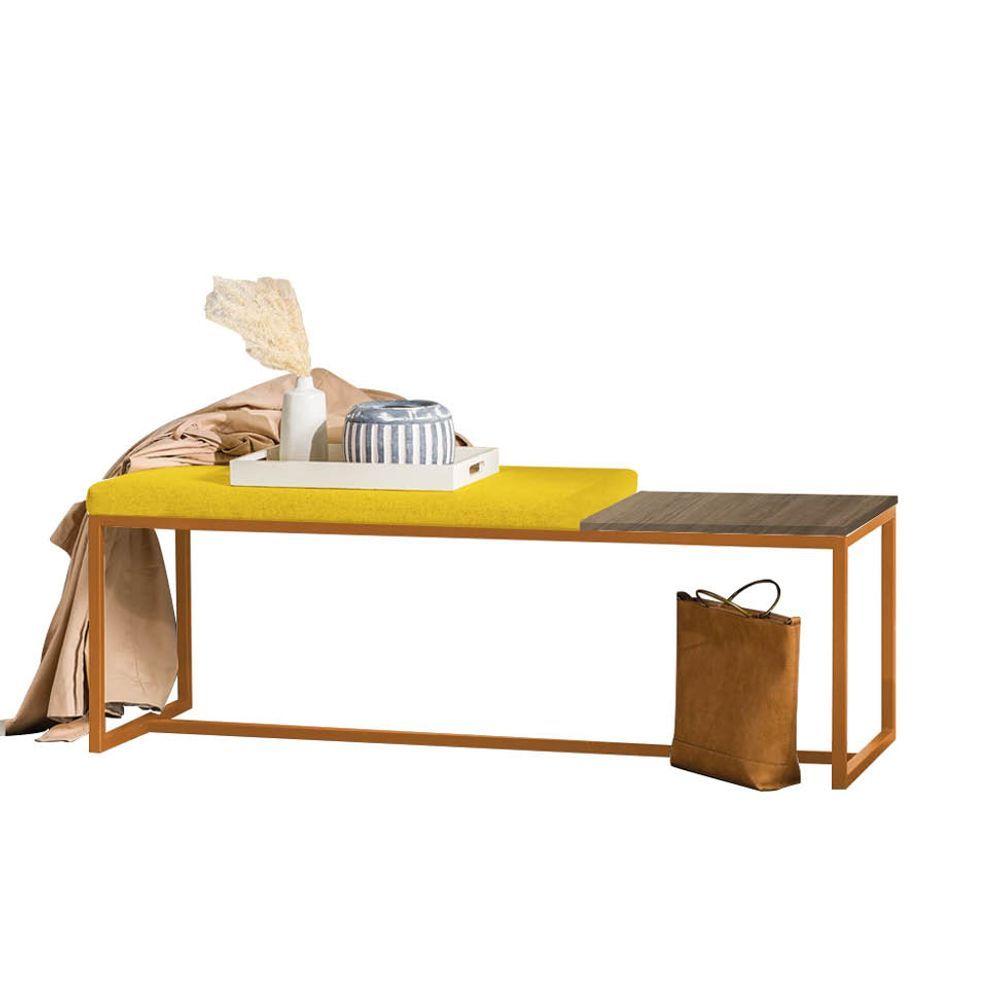 Miniatura Banco Recamier Puff 140cm Industrial Bronze Suede Amarelo Tampo Quadrado Mdf Nogal