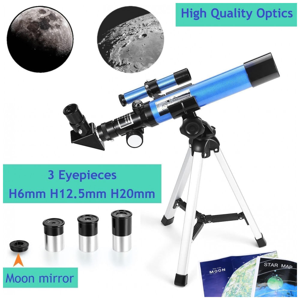 Miniatura Telescópio Astronômico 400x com 3 Oculares de Ampliação e Espelho da Lua, MaxUSee, Azul