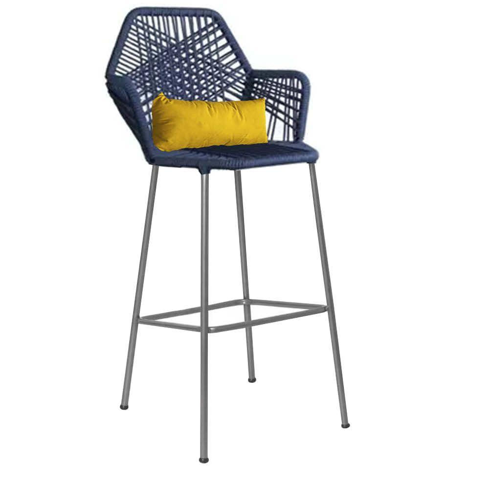 Miniatura Banqueta Alta Com Encosto Sttar Ferro Prata Fibra Azul Marinho Almofada Amarelo