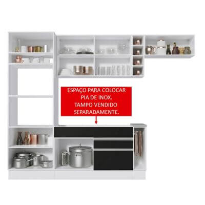 Cozinha Completa Madesa Safira com Armário e Balcão (Sem Tampo e Pia) Branco/Preto/Rustic Cor:Branco/Preto/Rustic