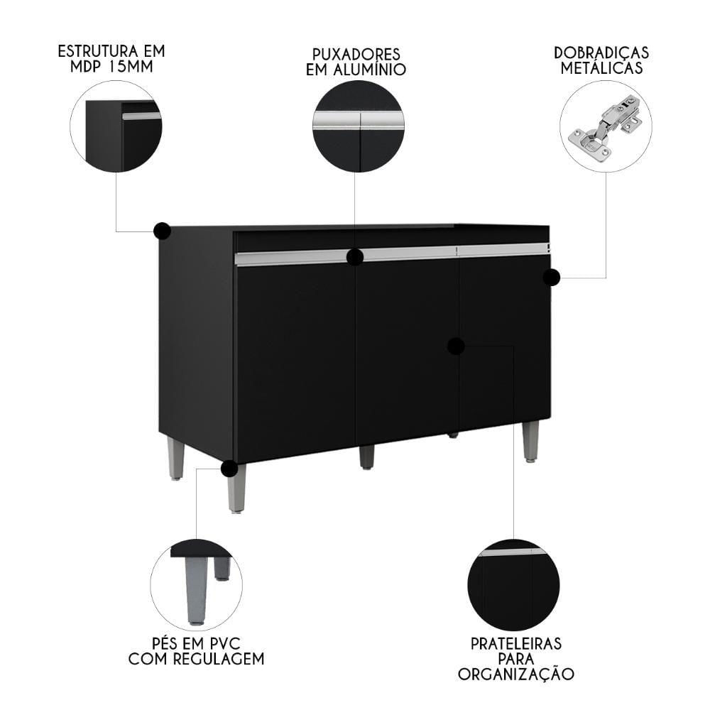 Miniatura Balcão De Cozinha Com Pia Inox 120cm 3 Portas Manu Preto - Ajl Móveis