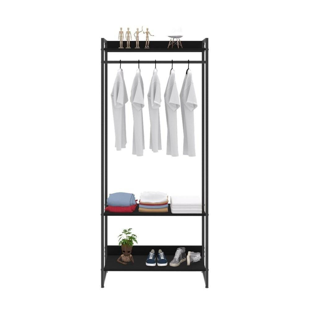 Miniatura Estante Closet Arara Industrial 3 Prateleiras 187x80cm Dynamica Yescasa Preto Ônix / Preto
