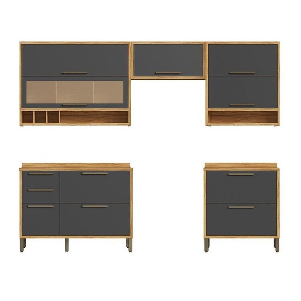 Miniatura Cozinha Modulada Completa 5 Peças 8 Portas e Vidro Reflecta 280cm 100% MDF Vicenza Espresso Móveis Amêndoa/Chumbo