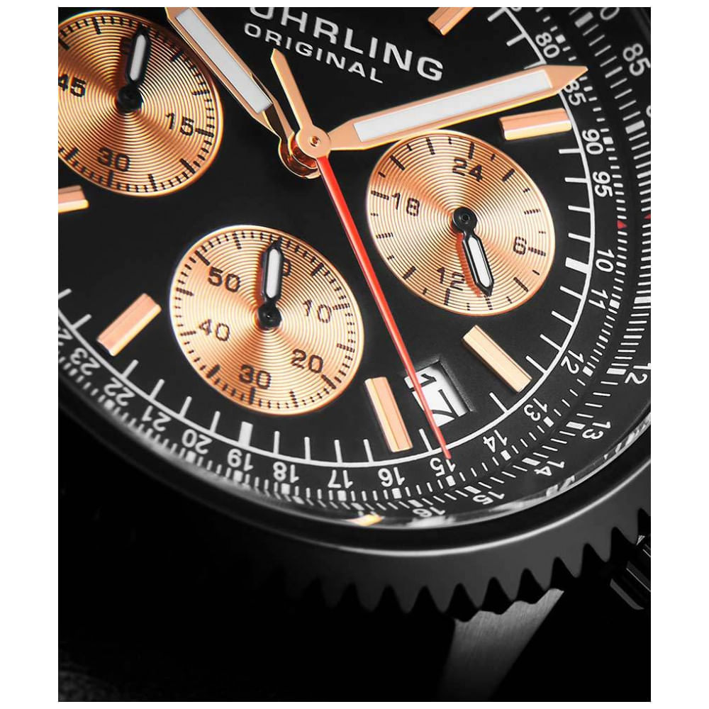 Miniatura Relógio Cronógrafo Stuhrling Monaco 669M e 3976 de 42mm, Mostrador Preto e Pulseira de Aço Inoxidável Preto