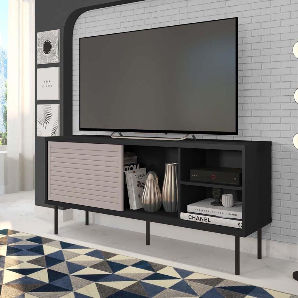 Miniatura Rack para TV até 55 Polegadas Industrial 136cm em BP Porta Pier Wood Prime Caemmun Preto Tx/Cacao