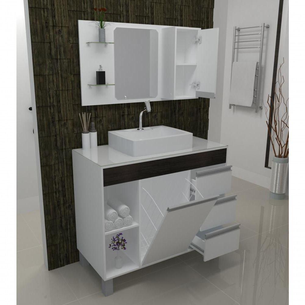 Armário Para Banheiro/ Lavabo Fit Supreme 97 Cm Branco Com ébano C/cuba + Espelheira Com Espelho + Torneira E Válvula