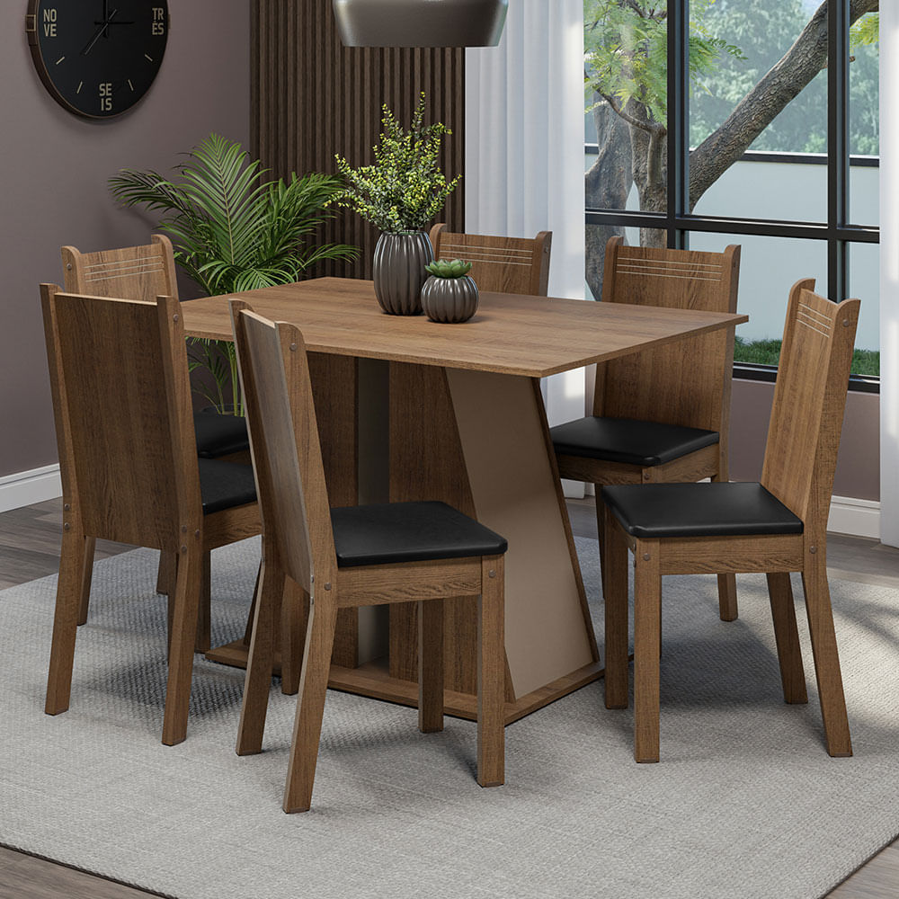 Miniatura Conjunto Sala de Jantar Mesa Tampo de Madeira 6 Cadeiras Rustic/Crema/Preto Sharon Madesa Cor:Rustic/Crema/Sintético Preto