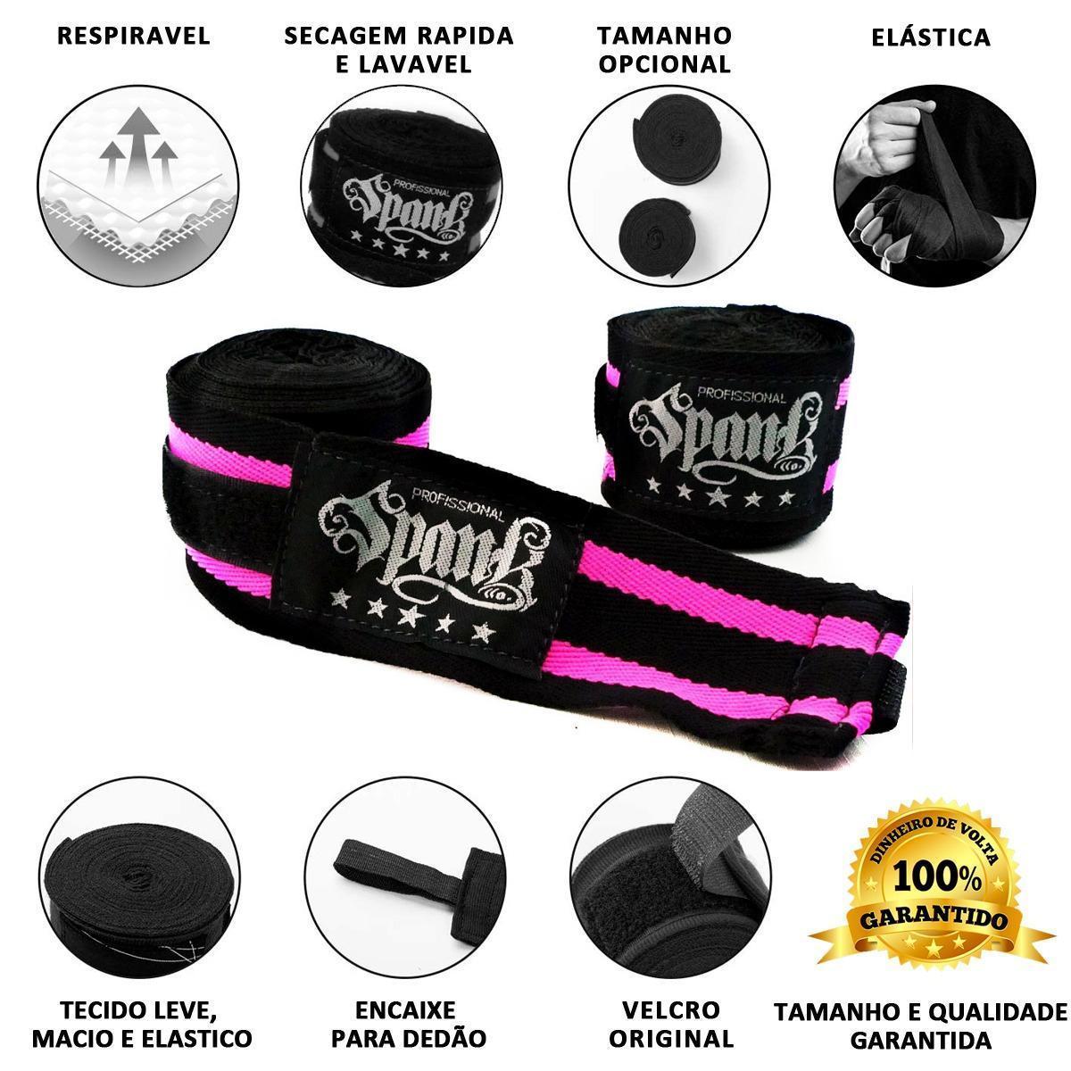 Miniatura Kit 10 Pares Bandagem Elástica Boxe 3Metros - Preto/Rosa
