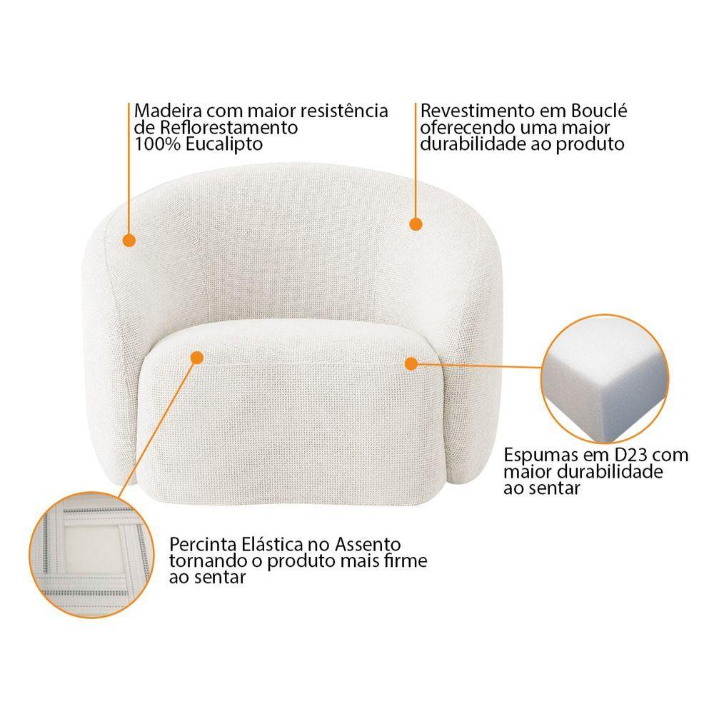 Miniatura Kit Sofá 3 Lugares 200cm E 2 Poltronas Orgânica Luxo Recepção Amore Bouclé Cor Branco