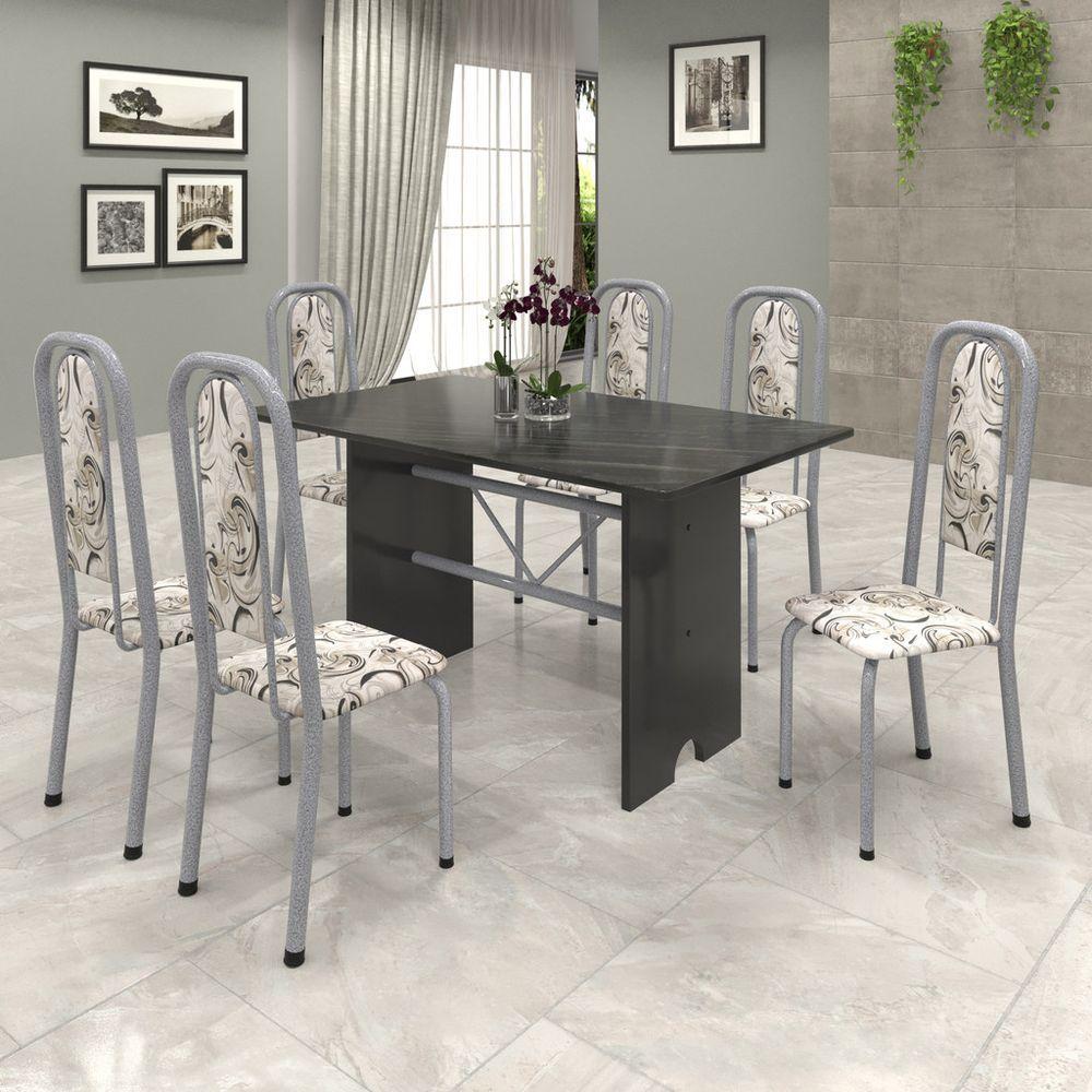 Miniatura Conjunto De Mesa Tubular 6 Cadeiras 140x75cm Mart Perola Com Tampo De Ardósia Lavínea Arabesco