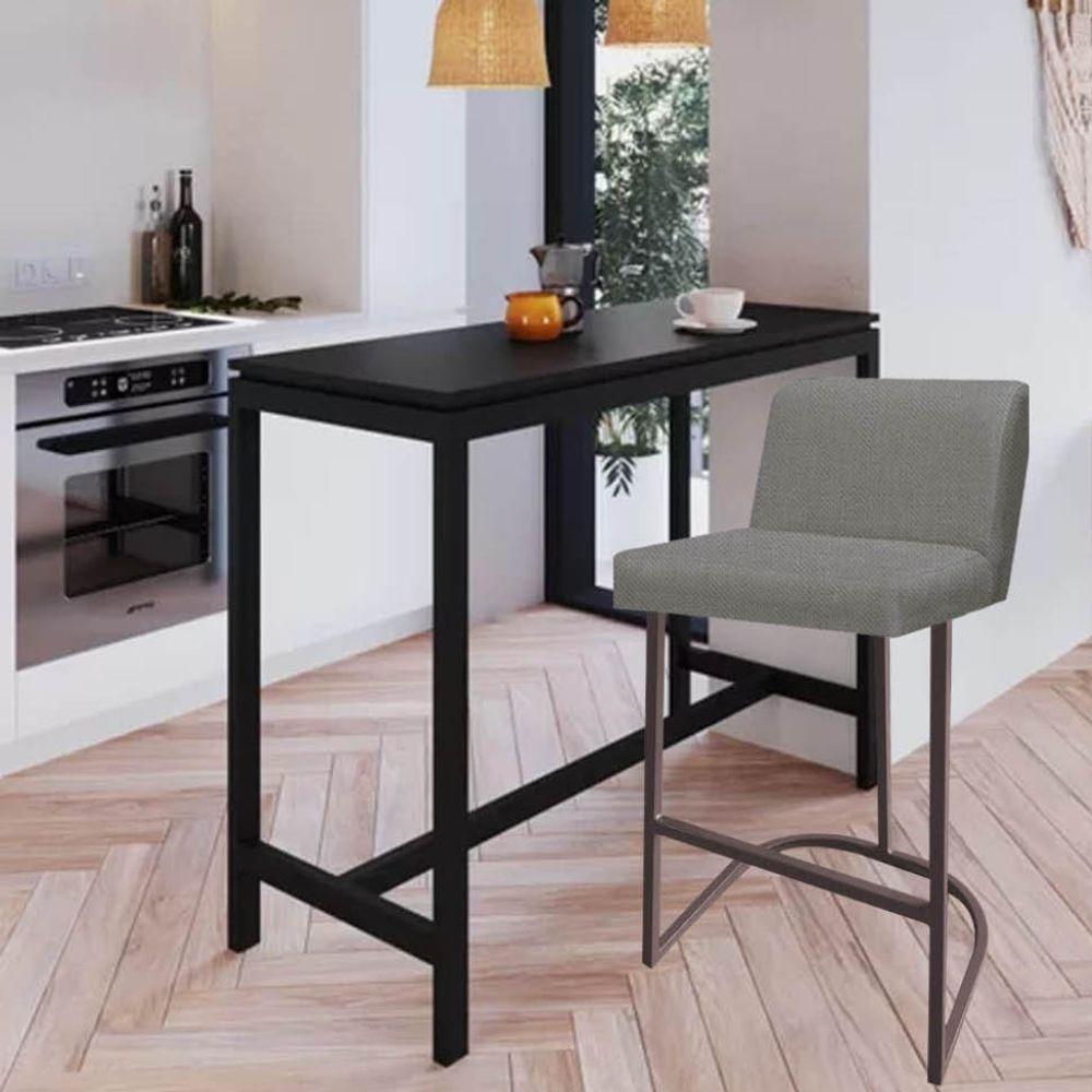 Miniatura Kit 04 Banquetas Com Encosto Bistrô Cozinha Ferro Marrom Linho Cinza - Ahazzo Móveis