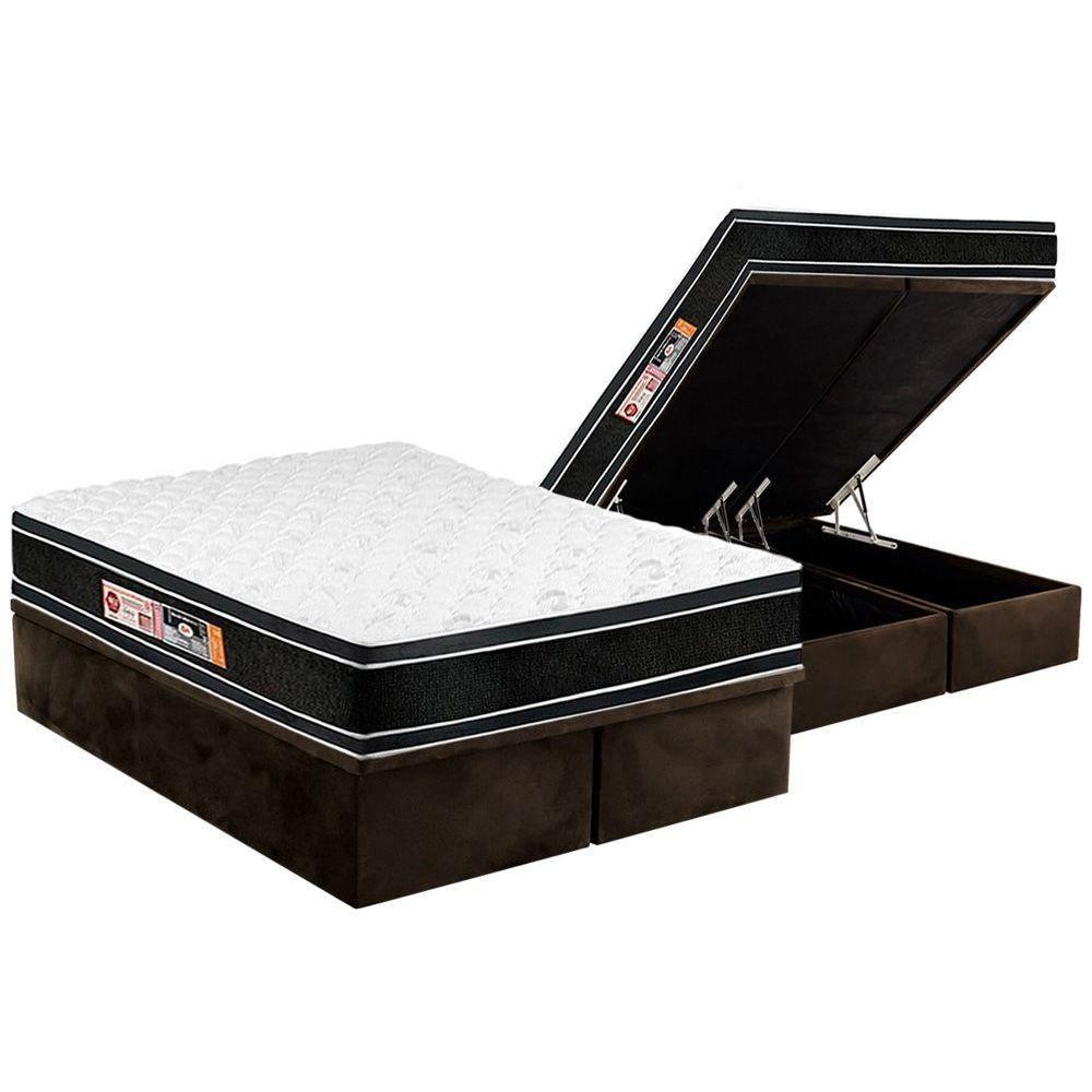 Miniatura Cama Box Baú Queen: Colchão Espuma D33 Castor Black E White Air Euro PillowBase Suede Brown(158x198)