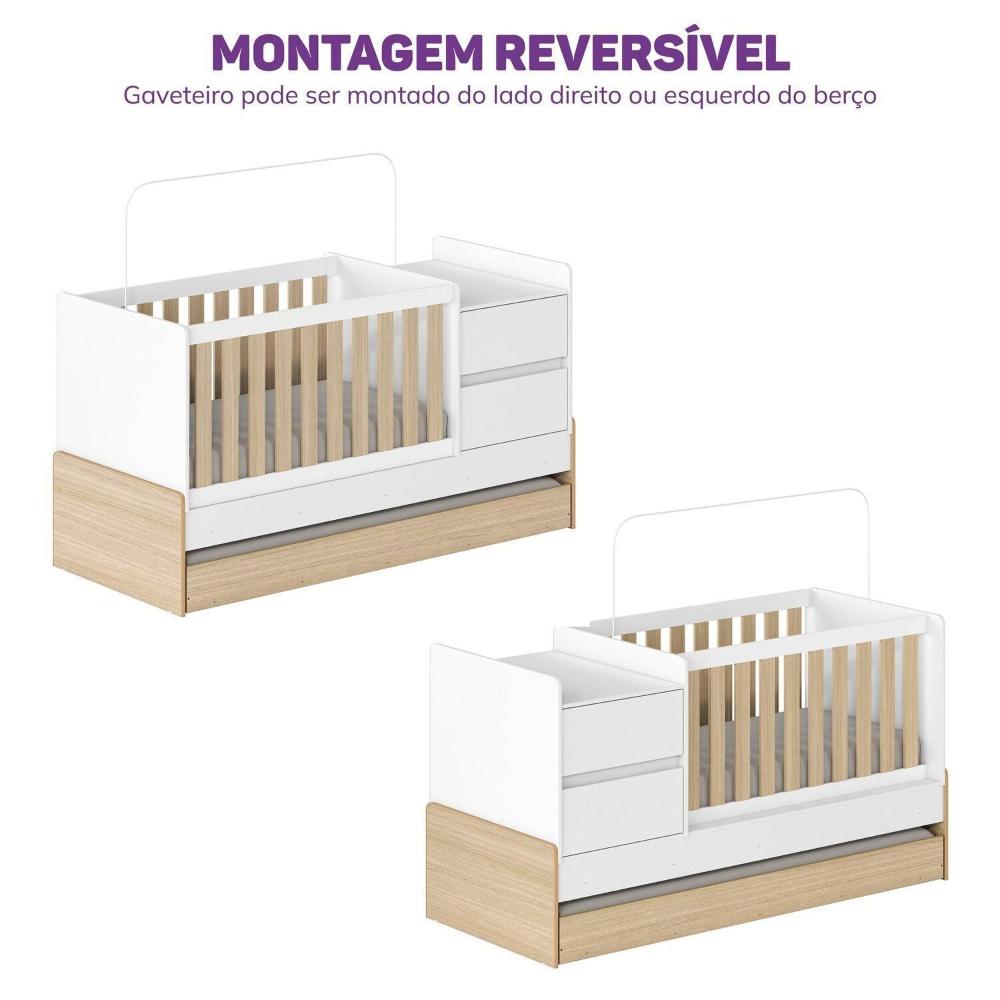 Berço Cama Multifuncional Auri com 2 Gavetas e Cama Auxiliar Casatema Carvalho Mel/Branco