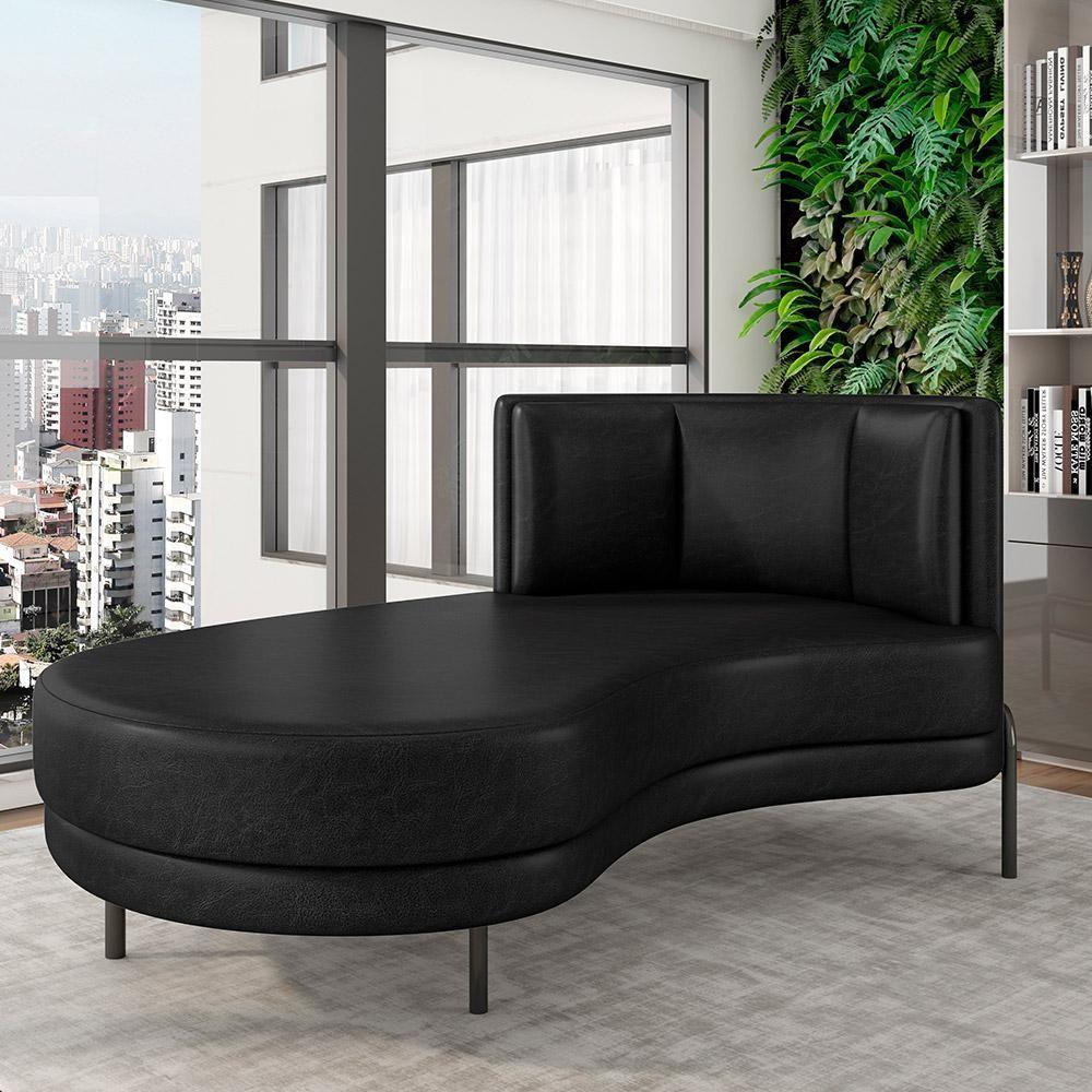 Sofá Chaise Longue Sala De Estar Living Lucca Esquerdo D02 Couríssimo Preto B-159 - Lyam Decor