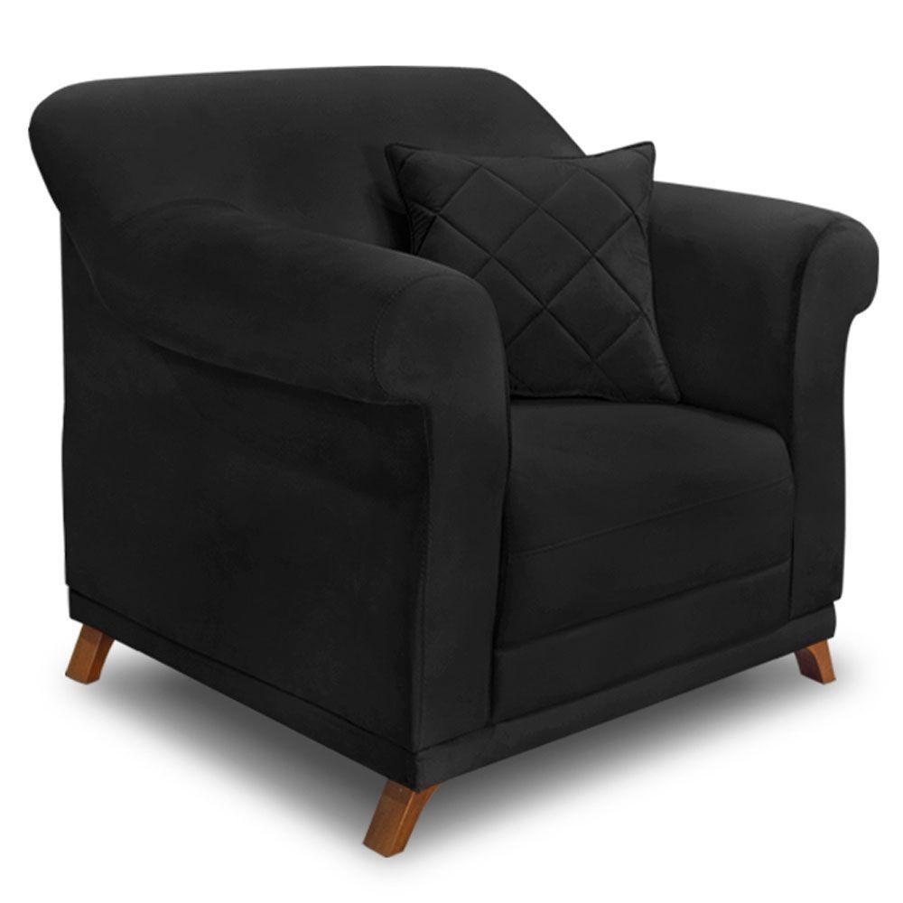 Kit Poltrona E Sofá 2 Lugares 1,60m Suede Pés Castanho Preto