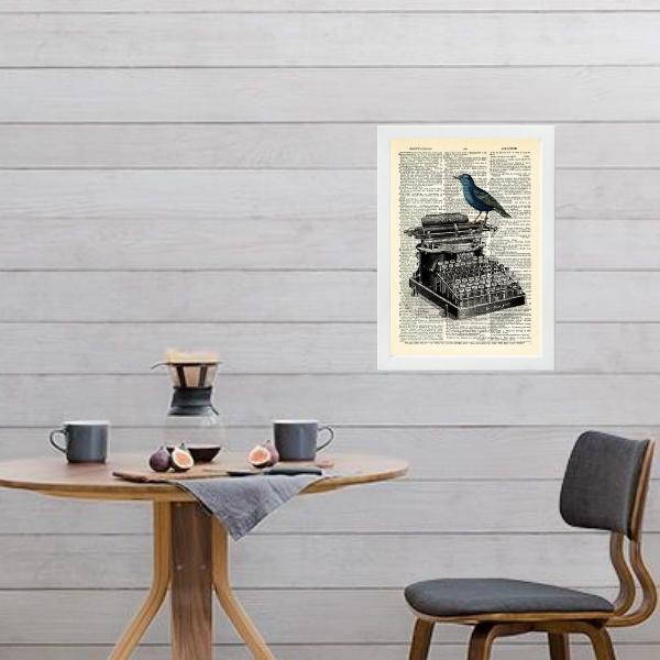 Miniatura Quadro Vintage Máquina Escrever Passarinho 33X24Cm - Vidro