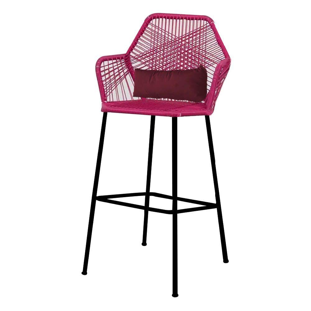 Miniatura Banqueta Alta Com Encosto Ferro Preto Fibra Pink Almofada Bordô