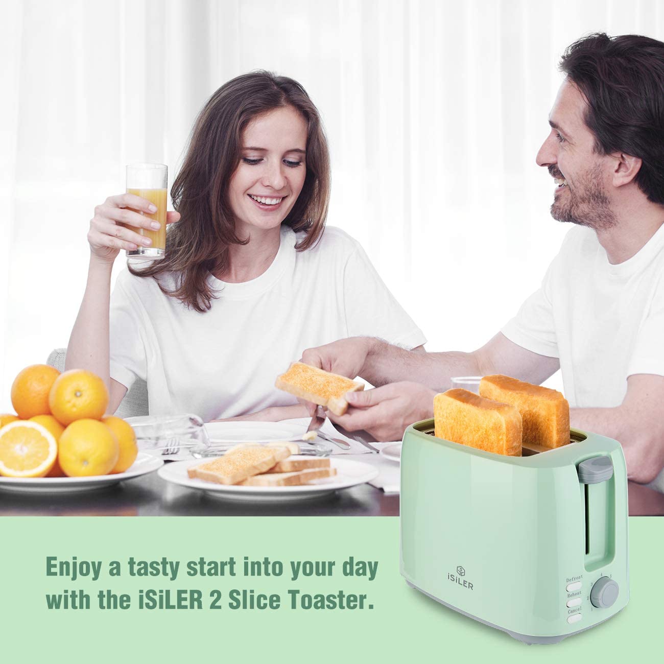 iSiLER 2 Slice Toaster 13 Inches Wide Slot Toaster with 7 Shade Settings and Double Side Baking Compact Bread Toaster with Removable Crumb TrayDefrost Reheat Cancel Function Green