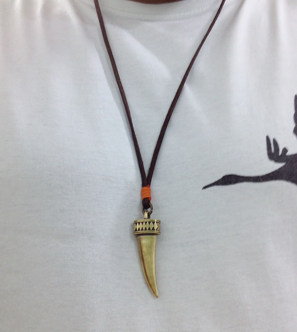 Miniatura Colar Masculino Tribal Couro Trançado Dente Presa