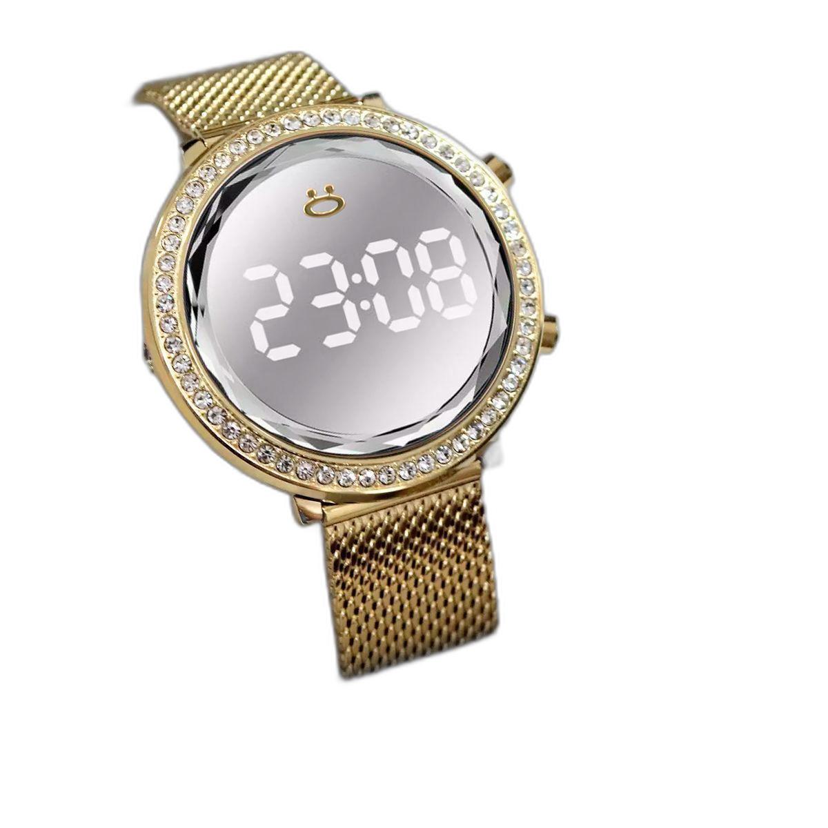 Miniatura Relogio Digital Feminino Aço + Caixa + Colar Strass Brinco