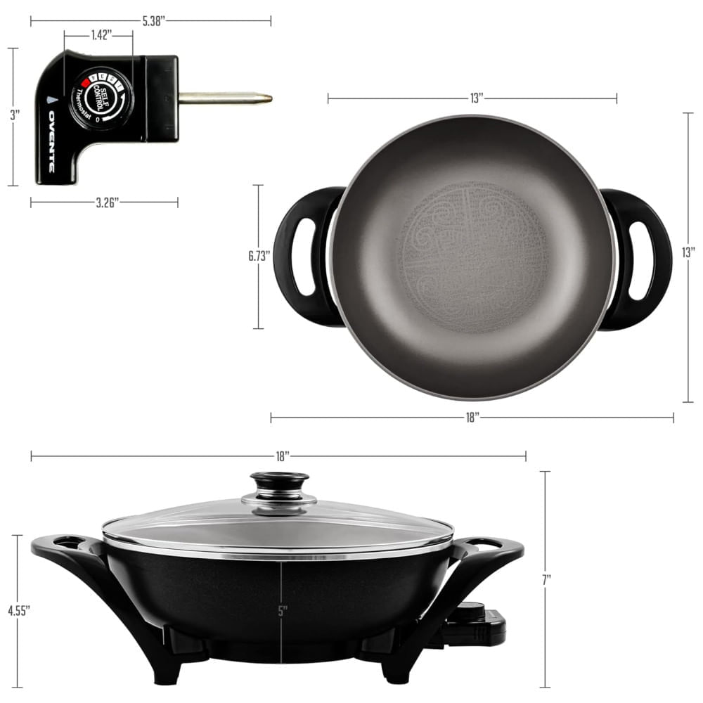 Panela Wok Elétrico OVENTE 33cm com Revestimento Antiaderente, Ideal para Família, 1400W de Potência, Controle de Temperatura, Tampa de Vidro, Prático