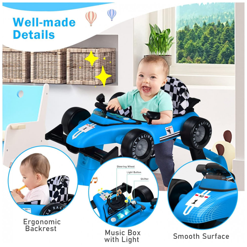 Miniatura Andador Infantil Interativo 4 em 1 com Sons, Luzes e Atividades, Baby Joy, Azul