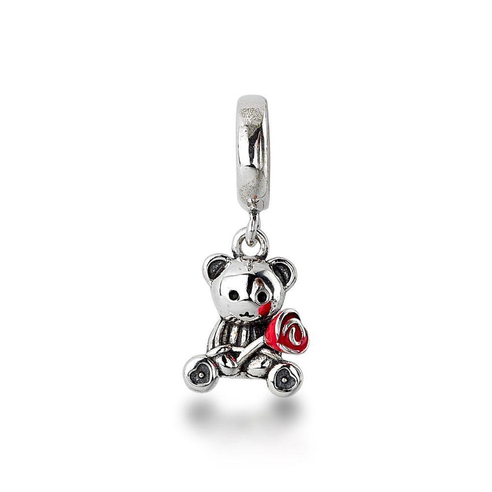 Miniatura Berloque De Urso Em Prata 925 Com Rosa Vermelha Esmaltada - Charme Elegante