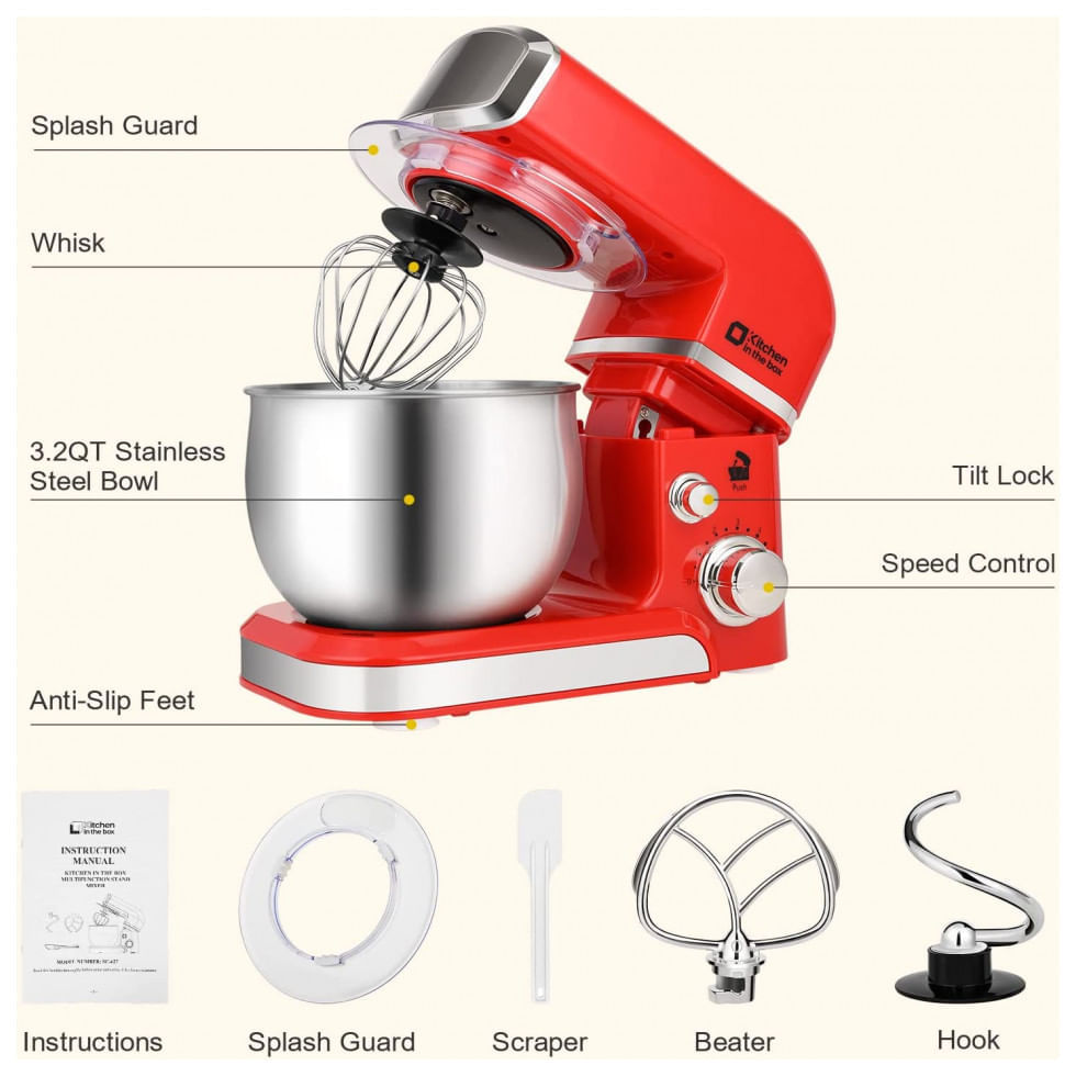 Miniatura Batedeira Elétrica de Bancada 3.2 Litros 6 Velocidades em Aço Inoxidável, 110V 300W, Kitchen in the box, Vermelha