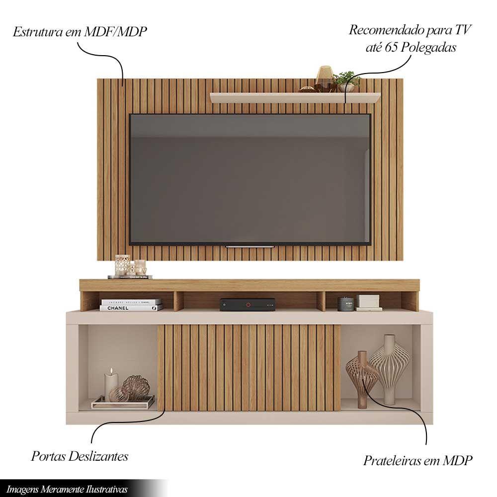 Conjunto Decorativo Rack E Bancada Brendan Mdf/mdp Ripado Para Tv 55 Pol. Buriti/offwhite G11 - Gran Belo
