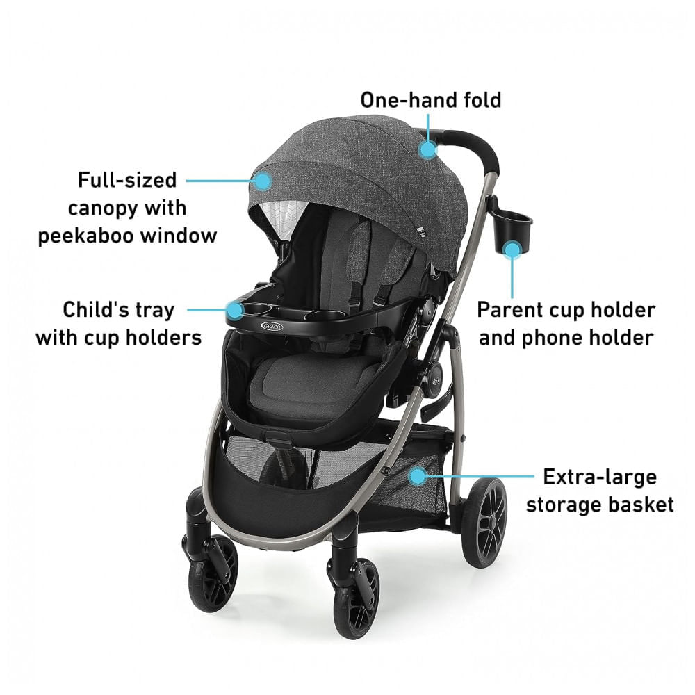 Miniatura Carrinho de Bebê Graco Modes Pramette com Modo True Pram, Assento reversível e Dobra com uma Mão, Preto