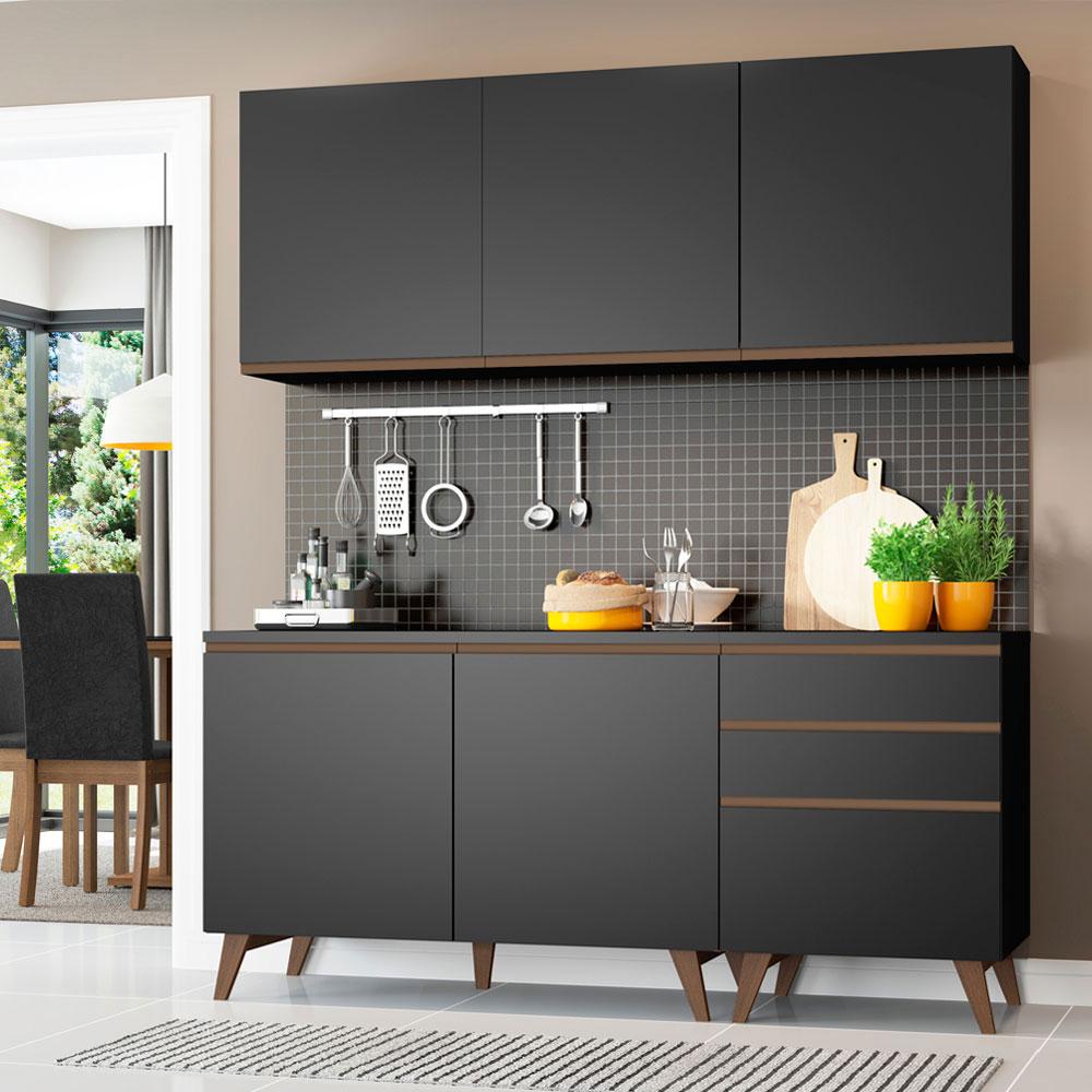 Miniatura Armário de Cozinha Compacta Madesa Reims com Balcão 5 Portas 3 Gavetas Preto Preto